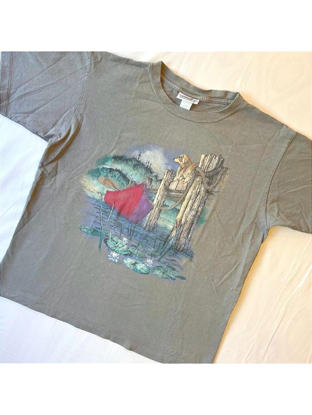 VTG 90s Northern Reflections Dog Relaxing Canoe Lake Scene Tee Shirt Size L